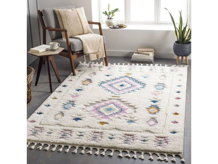 LIVABLISS Tapis de Salon à Poils Longs Doux Shaggy Bohème PUKYU 160x213cm Multicolore/Blanc