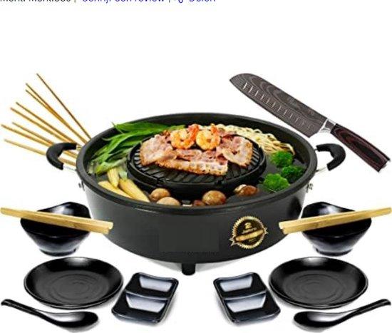 Unyqoos Elektrischer Hotpot - Chinesisches Fondue & Tisch-Kochtopf, 2 L, schwarz, rauchfrei, inkl. 10-tlg. Premium-Zubehör und 31 cm Santoku-Messer