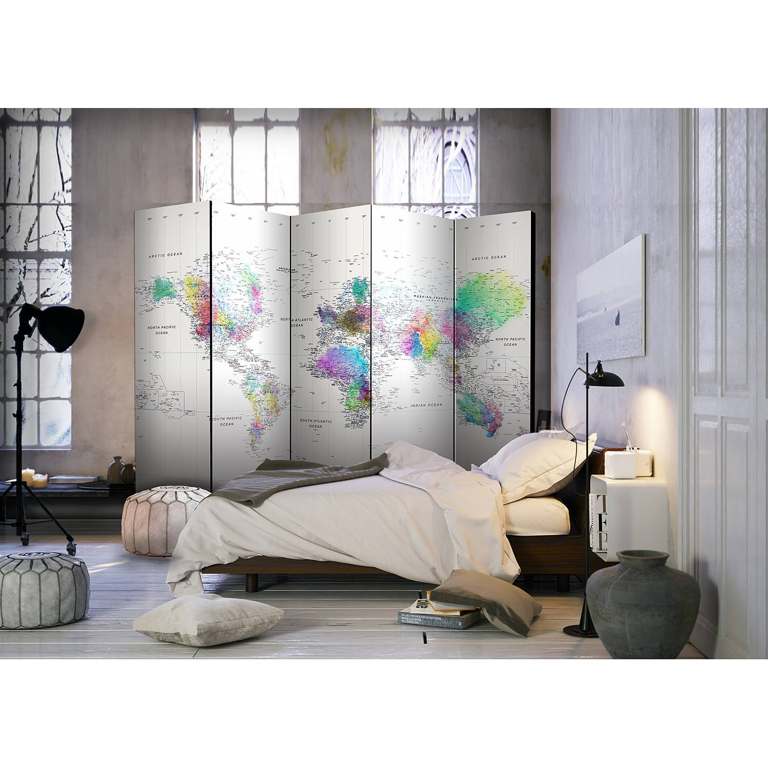 home24 Kamerscherm White-Colorful World Map vlies, Meerdere kleuren, B: 225 cm, H: 172 cm, D: 3 cm