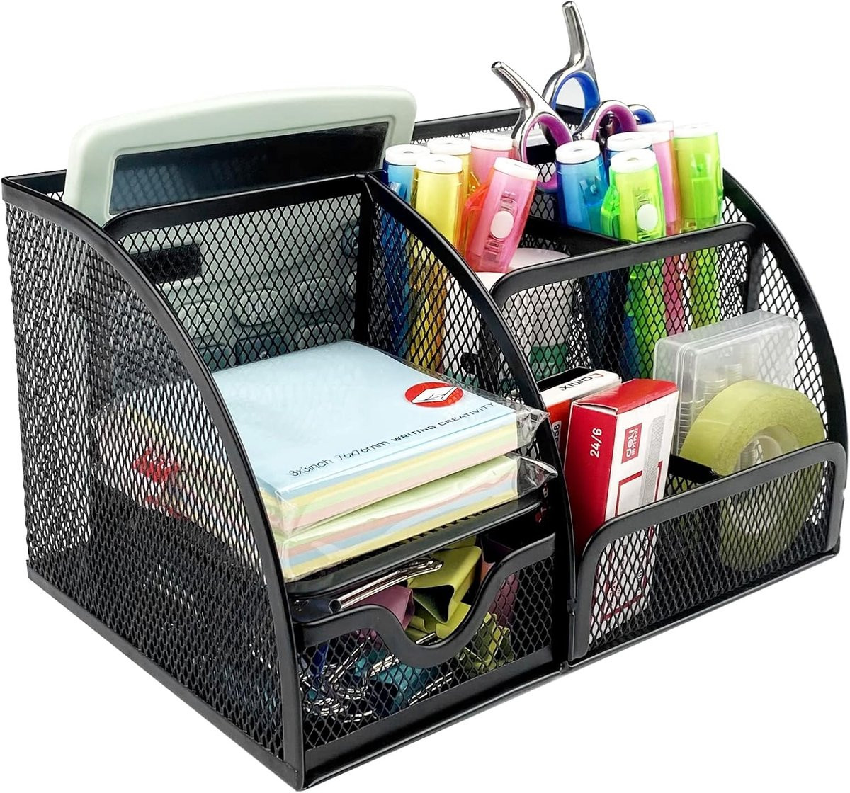 Zwarte metalen bureau-organizer met 7 vakken en uittrekbare lade