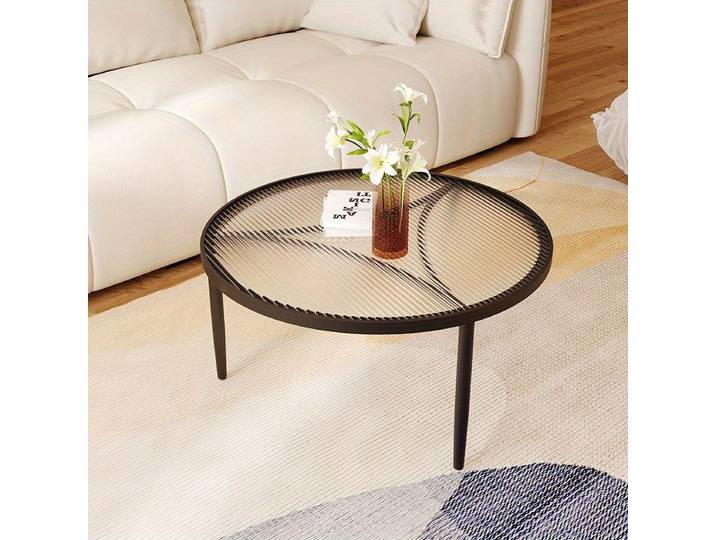 Table ronde minimaliste en verre trempé - Bureau de réception avec base en métal, table basse, trois pieds, mobilier minimaliste