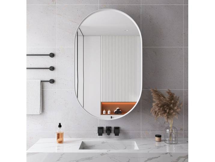 Armoire À Miroir Ovale Blanche En Métal Avec Étagères Réglables Et Rangement Mural Ou Encastré