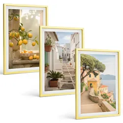 BILDER SET 3er Set - 40x60 cm Goldrahmen - Blick aus dem Fenster auf einen Zitrusbaum
