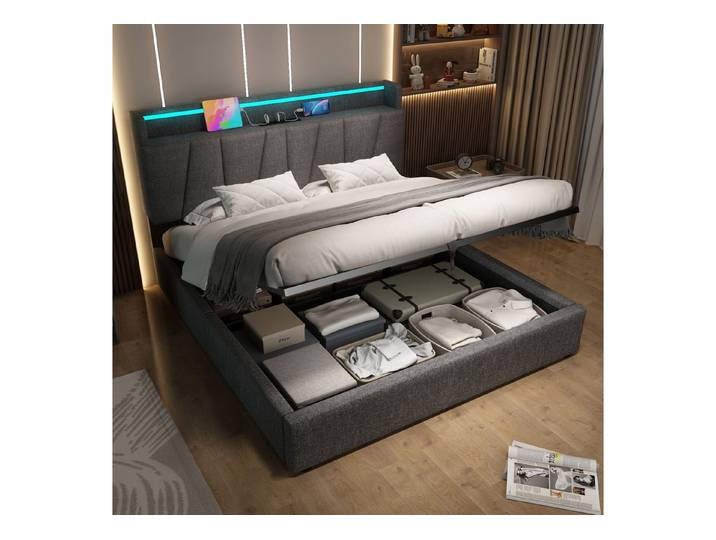 Flieks Polsterbett, Hydraulisches Doppelbett 160x200cm Stauraumkopfteil LED-Beleuchtung