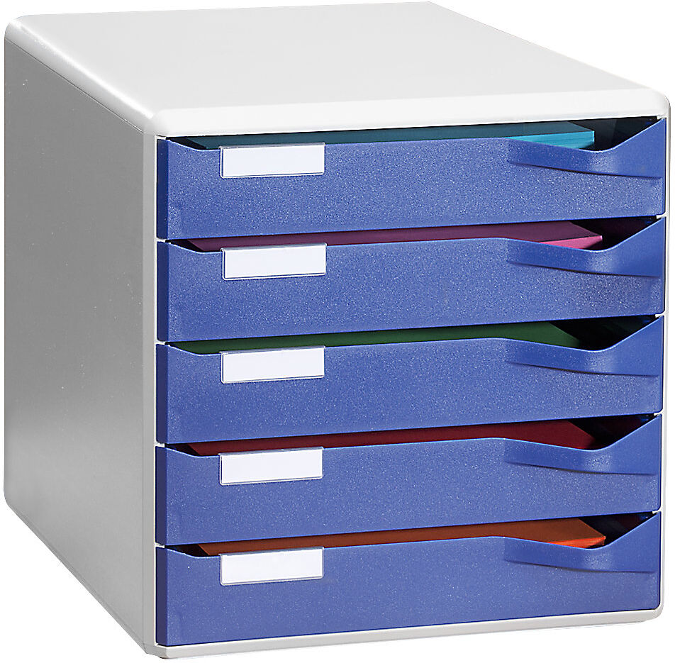 Ablagebox, Post- und Formular-Set, Gehäuse grau, Schubladen blau, 5 Schubladen Leitz