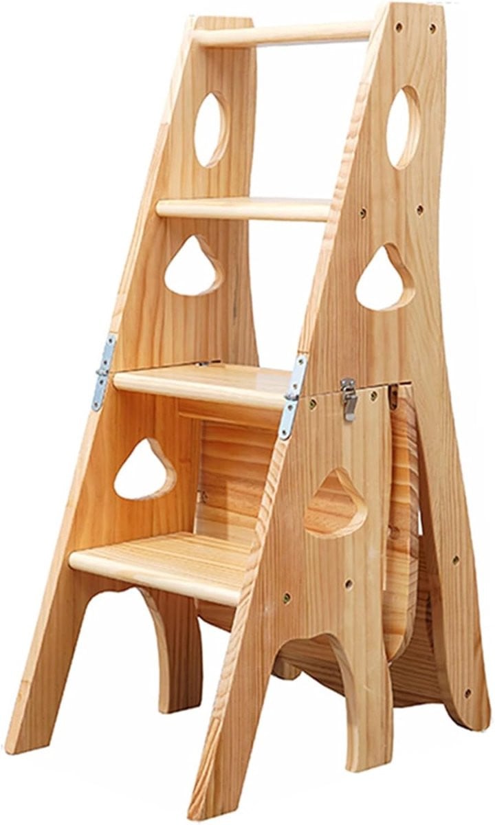 Multifunctionele houten ladderstoel en opbergrek in houtkleur met 150 kg draagkracht