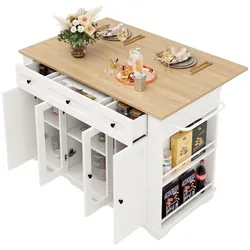 MODFU Kücheninsel Küchenwagen 152x60x92 cm klappbare Seitenplatte als Esstisch Schublade Stauraum Fächer mit gehärtetem Glas Weiß+Natur