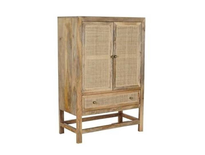 DRW Sideboard aus Mangoholz und natürlichem Rattan, 80 x 40 x 120 cm