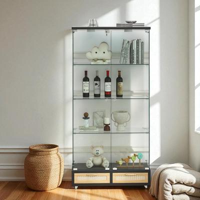 Fundinbaths "65.9"" Modern Glass Display Cabinet with LED Lights, 2 Large Drawers & 4 Shelves, Lockable Storage Case"