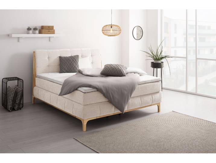 Boxspringbett GOODPRODUCT Jelle , beige (natur), B:181cm L:216cm, Komplettbetten, Boxspringbett, zertifizierte, recycelte Bezugsstoffe, verschiedene Ausführungen