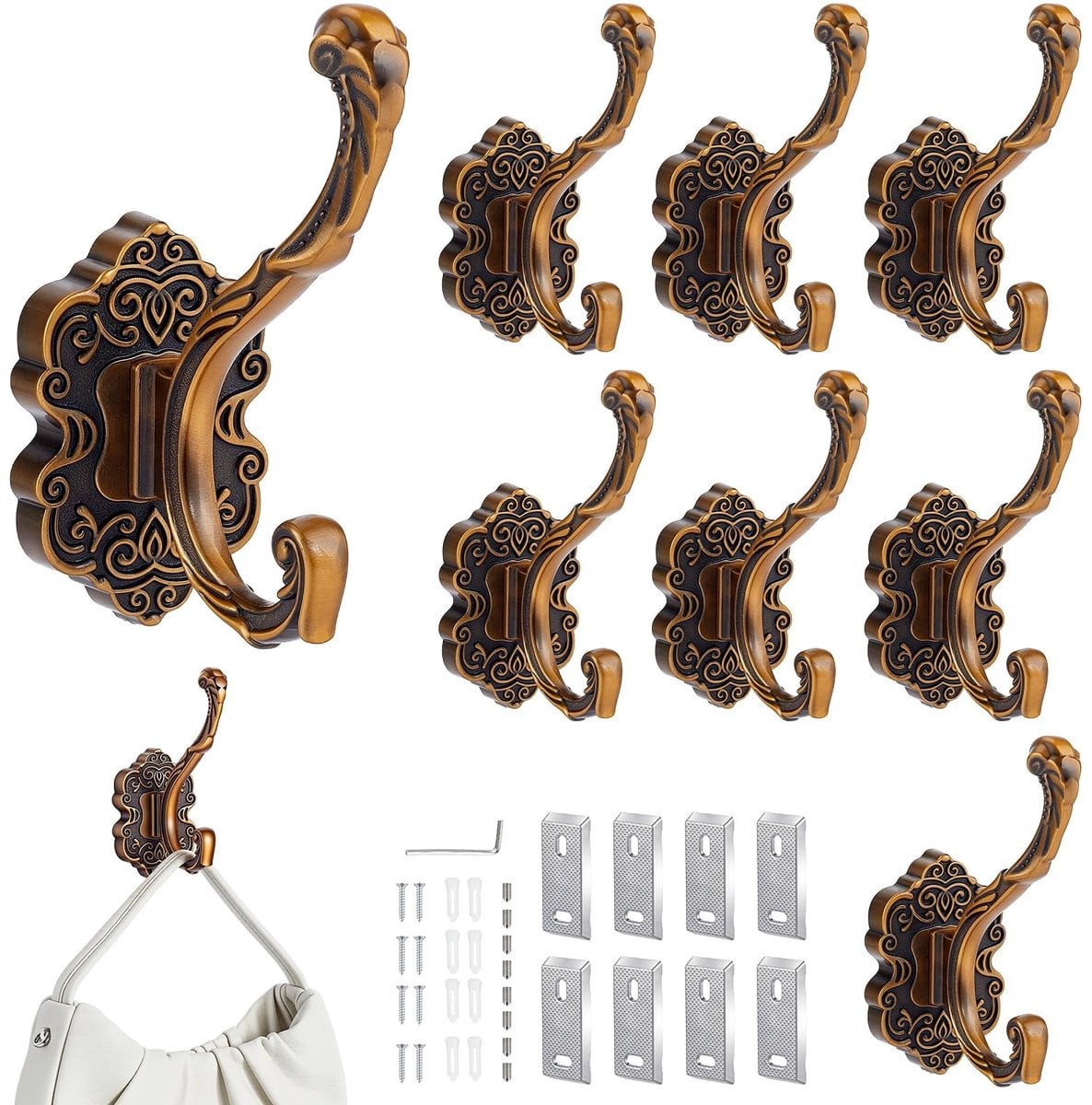 Omgoods - 8 stuks vintage wandhaken in antiek messing
