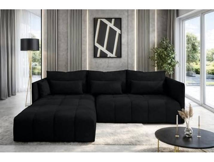 AX Living Ecksofa Schwarz Eckcouch mit Schlaffunktion Cosmova 245 cm Eleganter schwarzer Stoff – langlebig, pflegeleicht und stilvoll. Liegefläche: 147x232 cm. Sitzhöhe von 43 cm.
