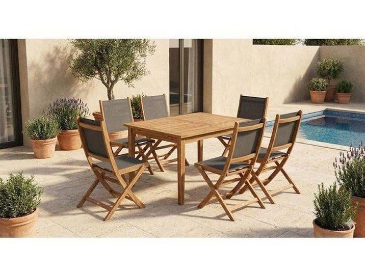 Ensemble repas de jardin TOSCANA - Table extensible + 6 six chaises pliantes - Bois d'acacia - 6 places - Bocarnea