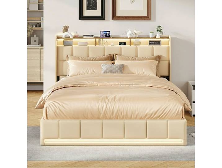 Lit 160x200 cm DRELYGWEA lit deux places LED sommier à lattes coffre de lit lit adulte 160x200 tissu lin beige