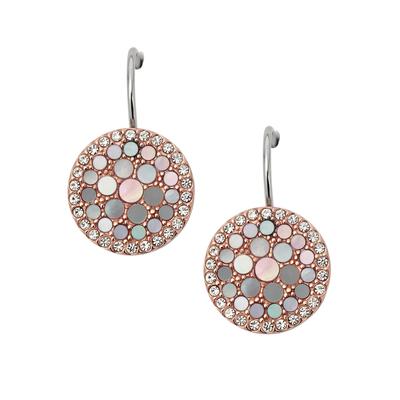 Paar Ohrhaken FOSSIL "Schmuck Edelstahl Ohrringe Disc Drop Vintage Glitz", rosa (roségoldfarben, edelstahlfarben, perlmuttfarben, kristallweiß, kristallweiß), Ohrringe, Damen, Edelstahl, mit Glasstein - mit Perlmutt