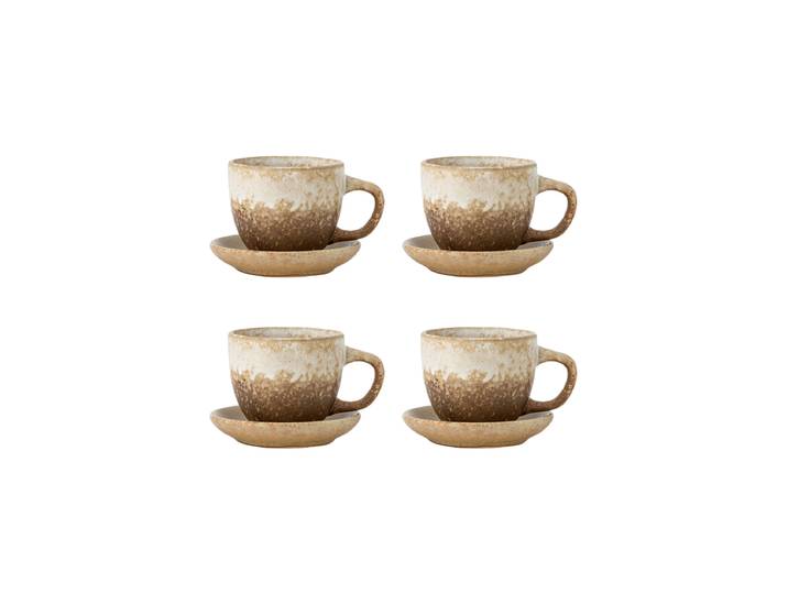 Handgefertigte Tasse „Brenta“ mit Untertasse, 4er-Set Keramik Beige- & Brauntöne Bloomingville