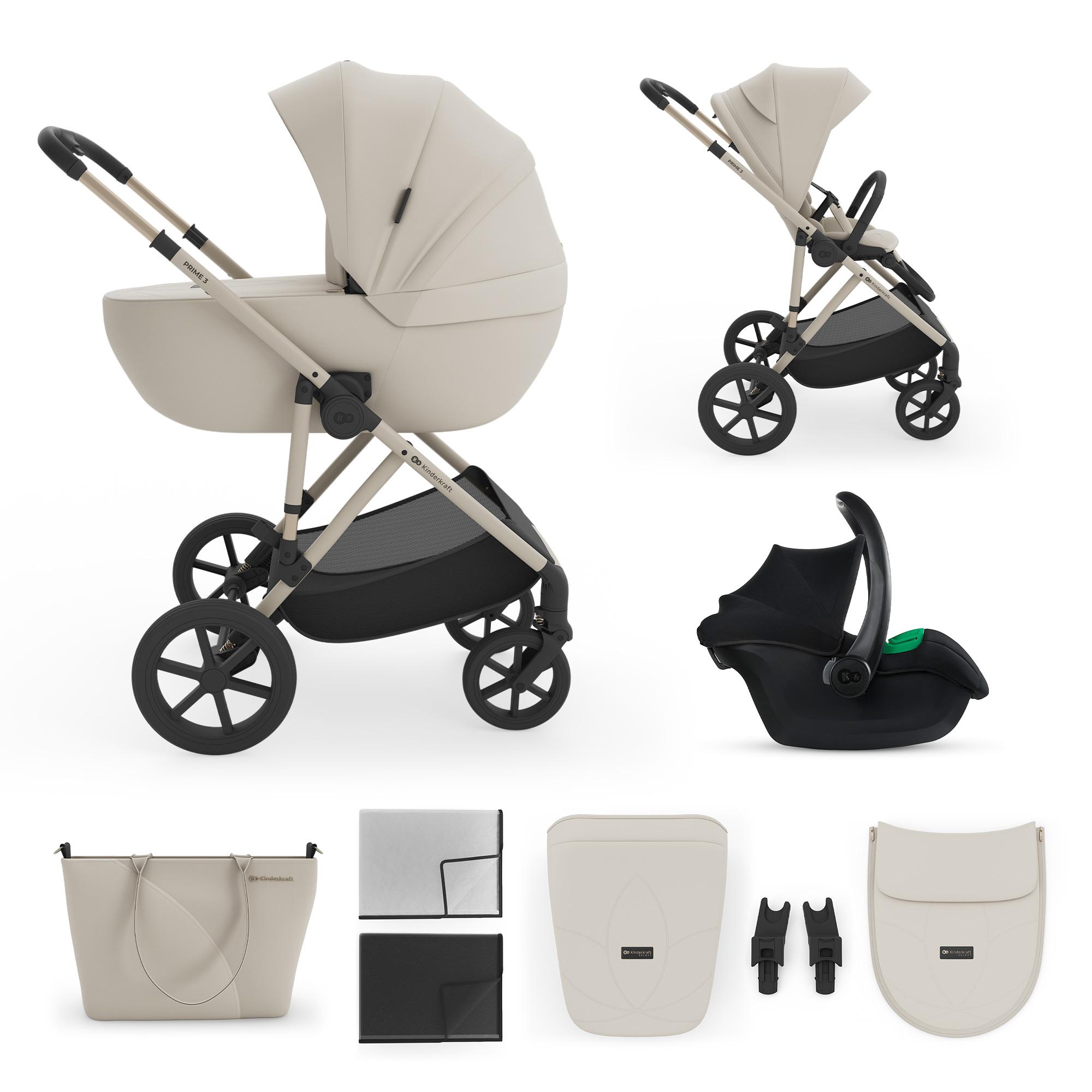 Kinderkraft PRIME 3 Kinderwagen 3-in-1 mit Babyschale MINK PRO 2, leicht faltbar große Räder, 8/12 Einhand-Faltung Travel System, Beige