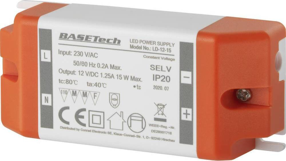 Basetech LD-12-15 LED-transformator, constante spanning, 15 W, 1.25 A, geschikt voor meubels