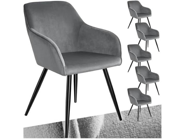 tectake 6er Set moderner Esszimmer Stuhl, Sitzfläche aus Samt, Armlehnstuhl, Sessel Wohnzimmer, gepolsterter Bürostuhl mit schwarzen Metallbeinen, Schminktisch Stuhl - grau/schwarz