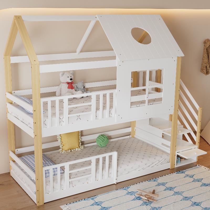 Etagenbett 90x200 mit Aufbewahrungstreppe, Hausbett mit Fenster und Dach, Weiß Natur, Kiefer, MDF