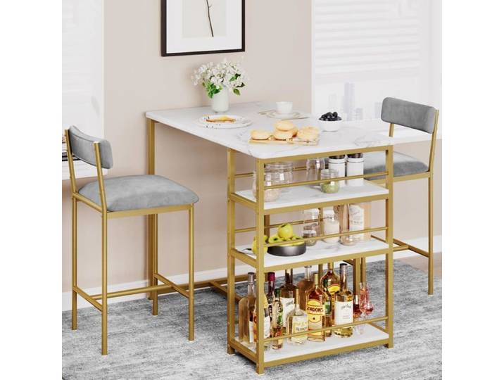 Set de table de bar et tabourets 3 pièces Table haute rectangulaire gain de place cadre métal robuste Table : 91 5 cm Doré
