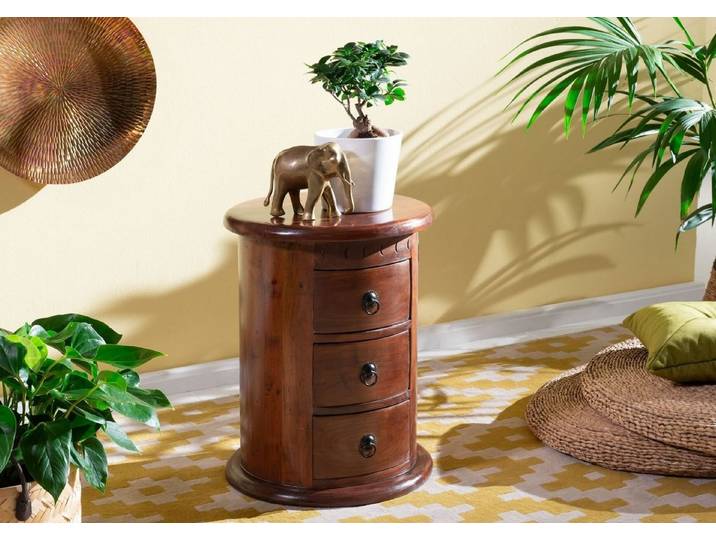 Massivmoebel24 Nachttisch OXFORD (42x42x55 Akazie montiert, runde Kommode mit Schubladen, Landhausstil), 42x42x55 Akazie montiert, runde Kommode mit Schubladen, Landhausstil