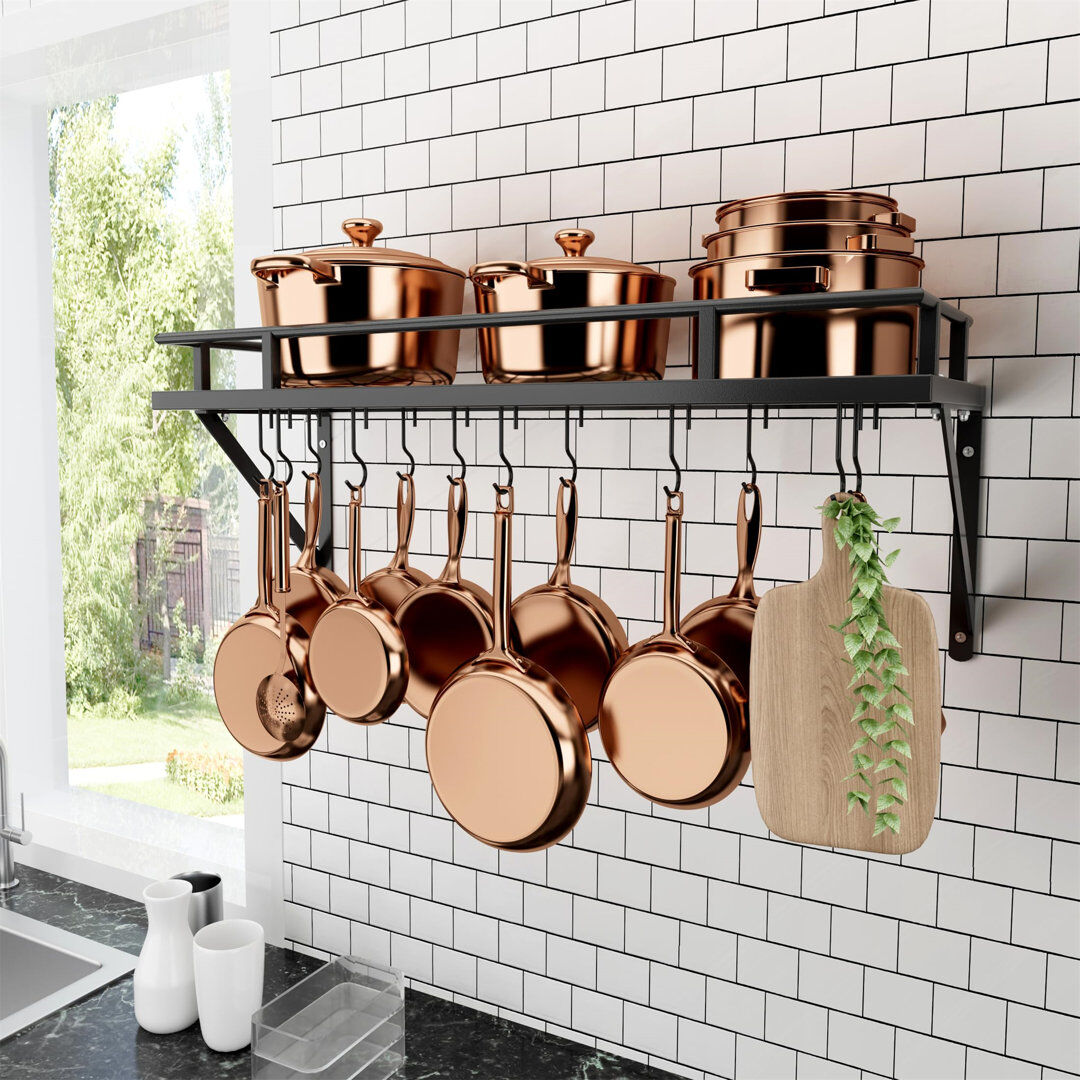 Belfry Kitchen Iron Wall Mounted Pot Rack Black