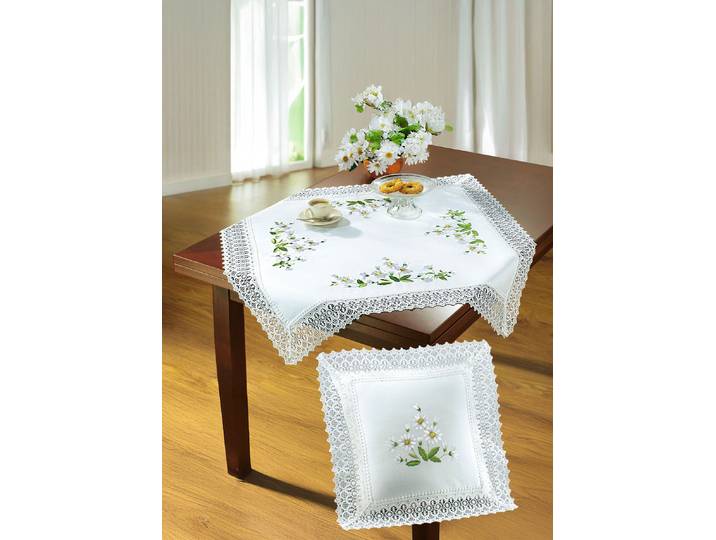 Raumdekoration mit Gänseblümchen-Stickerei und zarter Häkelspitze, Weiss, Größe 404 (Kissenhülle, 40/ 40 cm)