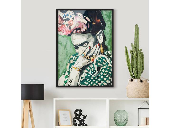 Bild Frida Kahlo Collage No.3 V Papier Rahmen: Echtholz, furniert: Kiefer Grün 70 x 100cm
