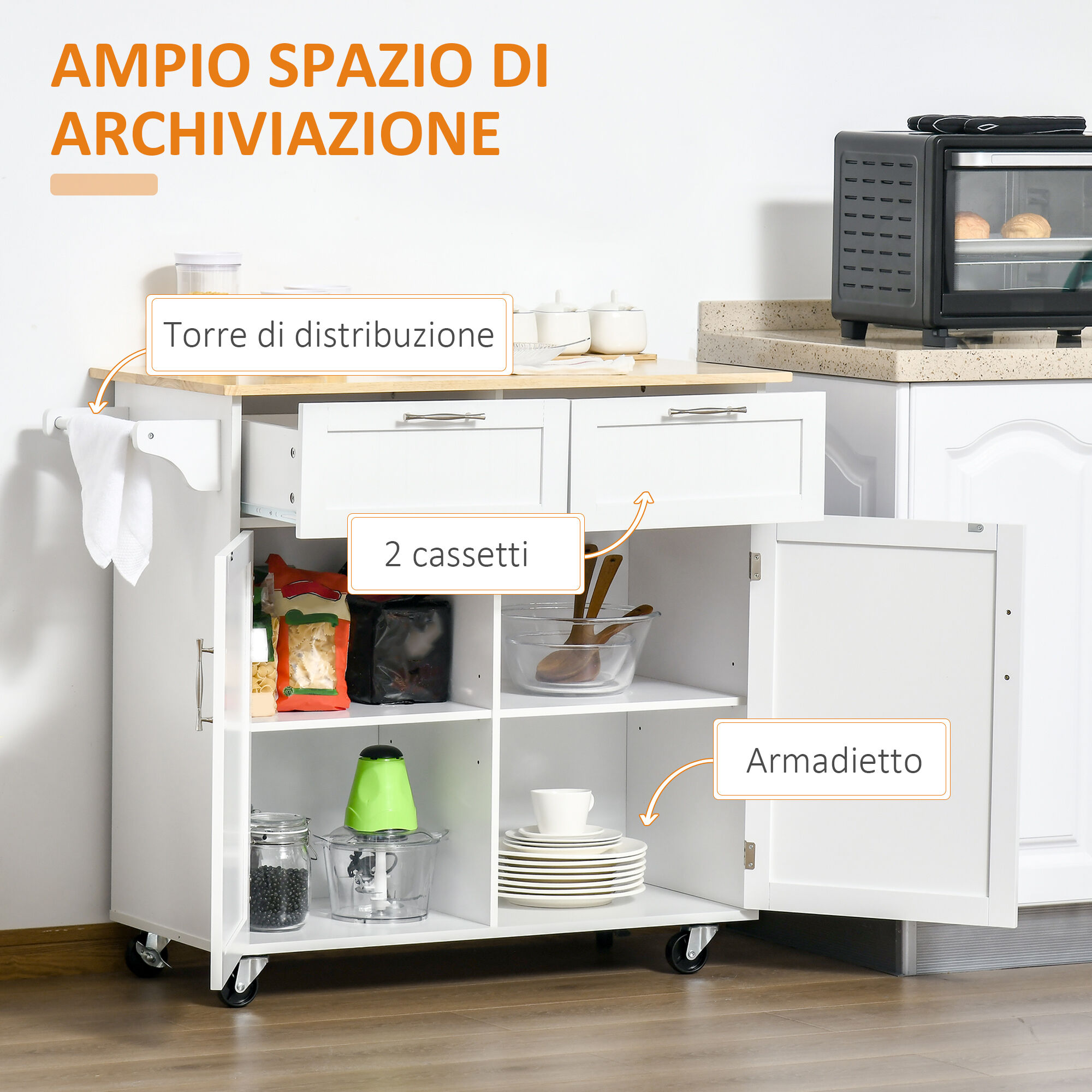Altro Carrello Da Cucina Multiuso In Legno Con 2 Cassetti, 104x46x91cm Bianco