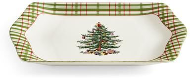 Spode Christmas Tree Porcelain Dessert Tray Red Gingham Ribbon Microwave Safe - 12 in