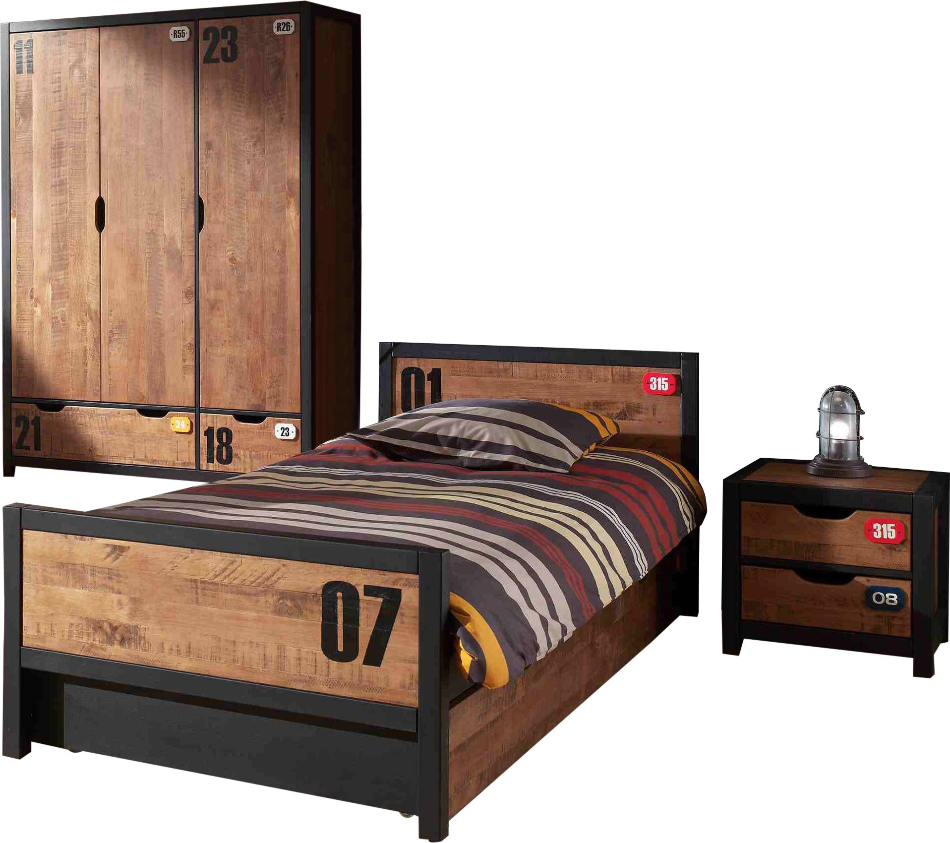 Diese ALEX-kombination besteht aus den folgenden Elementen: bett 90x200cm * und ein lattenrost 13l und ein unterbett * und ein nako * und ein 3 turen schrank *