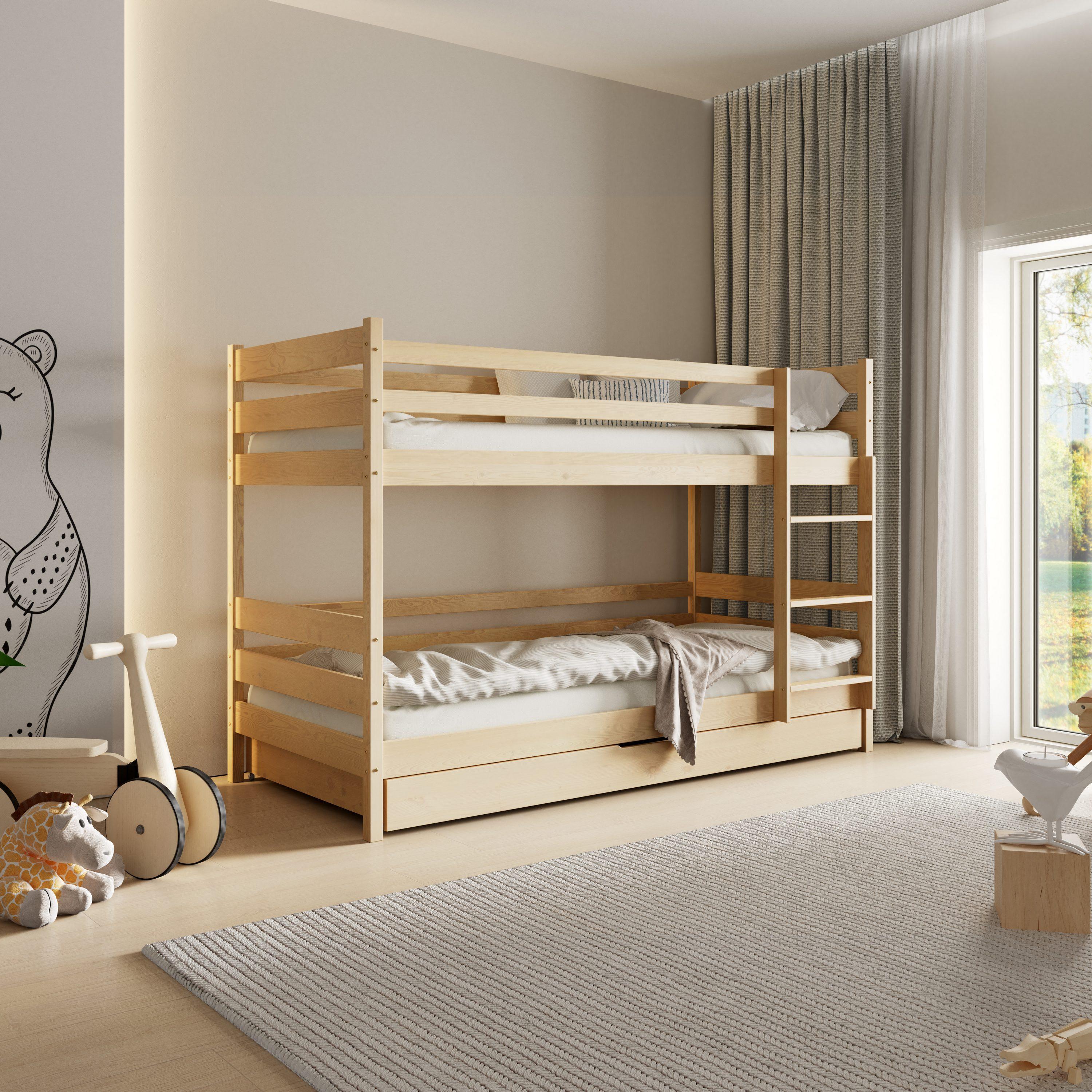 Masseno Etagenbett SIMBA 80x190 cm mit Schublade, Rausfallschutz, Kinderbett mit Leiter für Mädchen und Jungs, Stockbett 2 Kinder, Kiefernholz