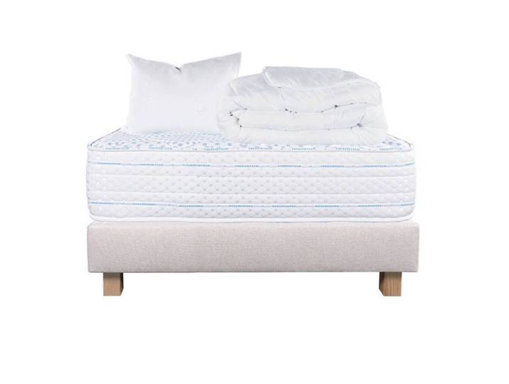 THELIO - Pack Matelas + Sommier Tapissier Beige 90x190 cm + 1 Oreiller + 1 Couette
