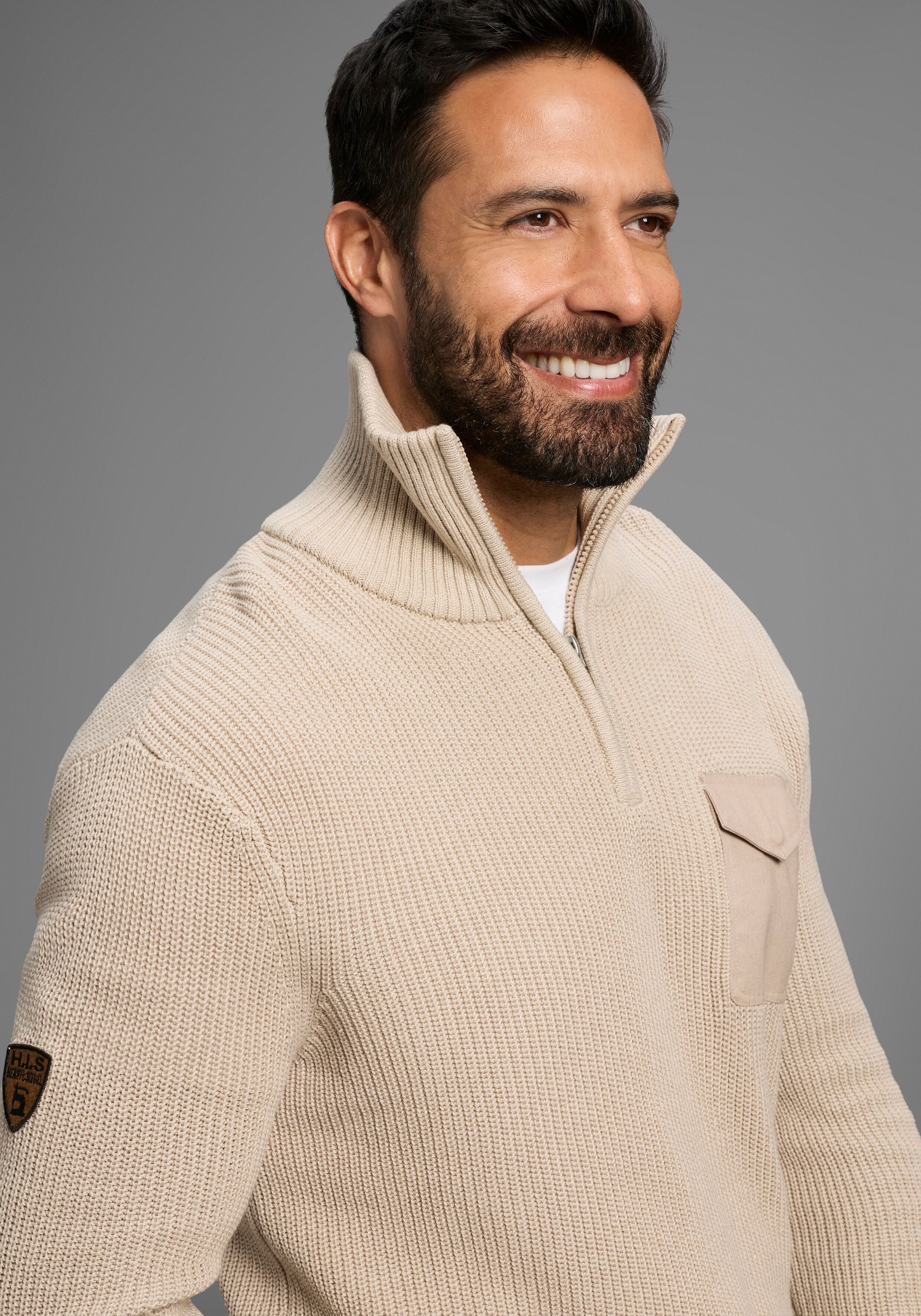 Troyer H.I.S "Neue Kollektion Highlight Rippen-Optik", Herren, Gr. 3XL (64/66), beige (beige melange), Strick, Obermaterial: 50% Baumwolle, 50% Polyacryl, meliert, regular fit, Rippbündchen, Pullover Troyer, mit Brusttasche, Perfekt für die kältere Jahres
