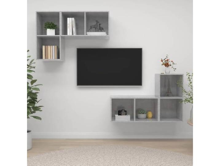 HEFZGDB TV-Wandschränke 4 STK. Betongrau Holzwerkstoff, Wandmontage Regal mit Stauraum für Aufbewahrung, HiFi Schrank Set für Wohnzimmer