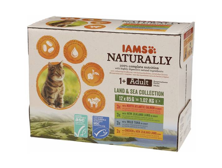Iams Naturally Katzenfutter in Sauce Fleisch & Fisch 12x85g