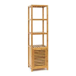 Relaxdays Badregal Bambus, 5 Ablagen, HxBxT:140x36,5x33cm, Holzregal mit Schrank, Stauraum für Bad/Wohnzimmer, natur