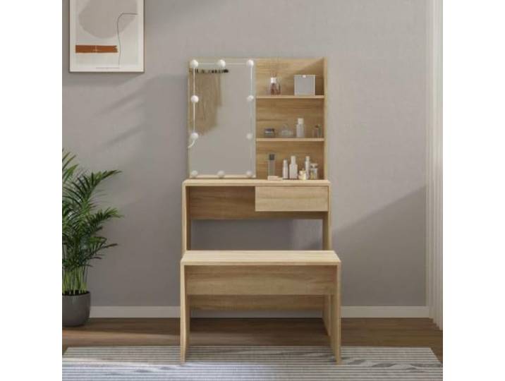 Schminktisch-Set mit LED Eiche Sonoma Holz Technik Integrierter Spiegel, Hocker im Lieferumfang enthalten, USB-LED-Lampen, warm- und kaltweiß, Sonoma-Eichen-Finish
