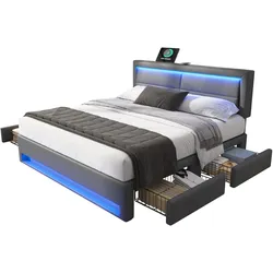 Polsterbett 140x190 mit LED-Beleuchtung, USB-Anschluss und 4 Schubladen – modernes Design in Grau, stabiler Lattenrahmen