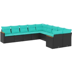 vidaXL 10-teiliges Gartensofa-Set mit Kissen, schwarzes Polyrattan