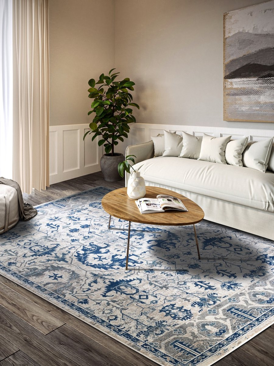 Villeroy & Boch Vintage vloerkleed Emmanuel Blauw/Crème - Abstract Laagpolig Tapijt