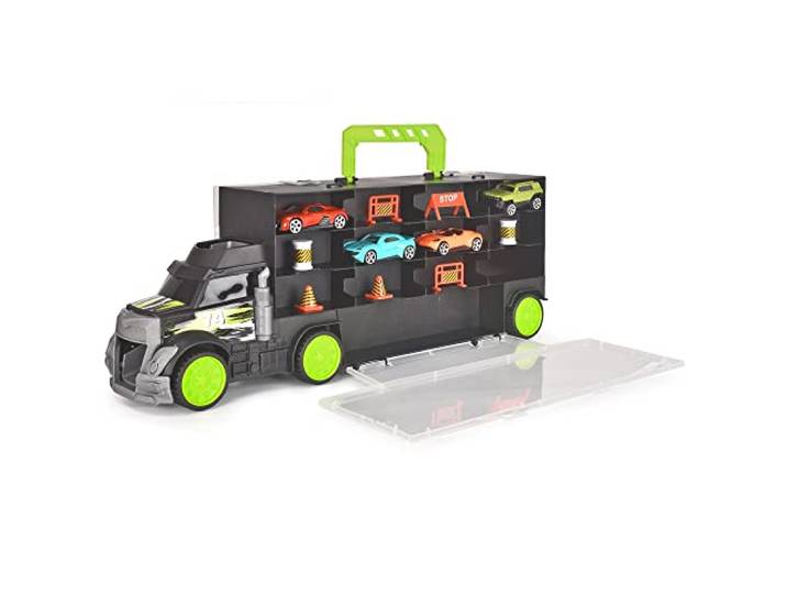 Dickie Toys – Carry & Store Transporter – Spielzeug-LKW zur Aufbewahrung von 28 Spielzeugautos, inkl. 4 Autos, inkl. Zubehör, mit Rampe, für Kinder ab 3 Jahren