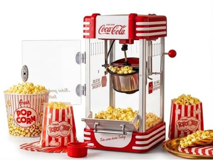 Salco Coca-Cola Popcornmaschine – Popcorn Maker im Retro-Design in Rot (50er Jahre), Kino-Style, Edelstahlkessel mit Antihaft-Beschichtung, integriertes Rührsystem, Beleuchtung & Kabelaufwicklung