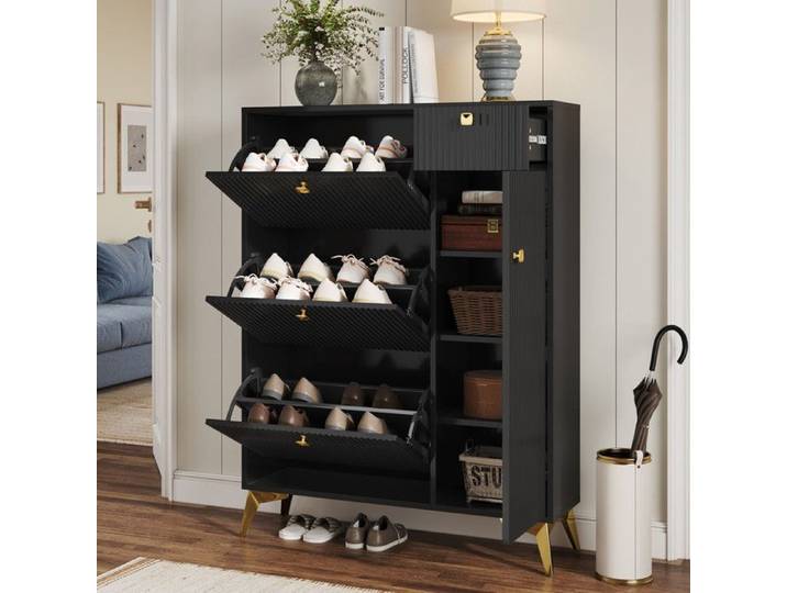 Bladez - Meuble à chaussures avec 3 abattants 1 tiroir et 1 porte Rangement chaussures étroit type armoire à bascule Noir