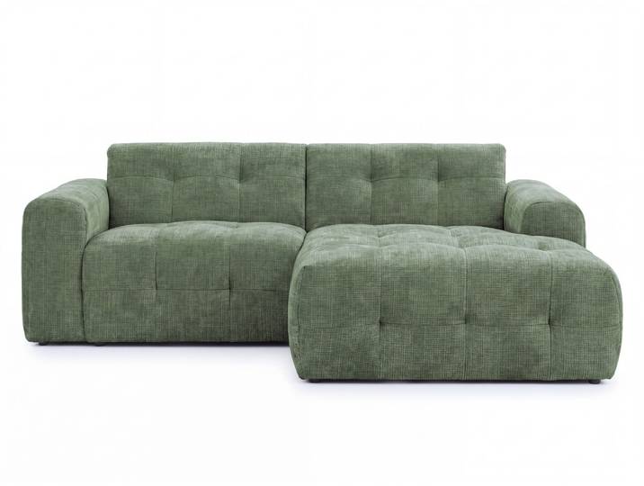 Modernes Ecksofa mit Ottomane rechts, mit markanten Steppungen, Chenille in Grün / 21039