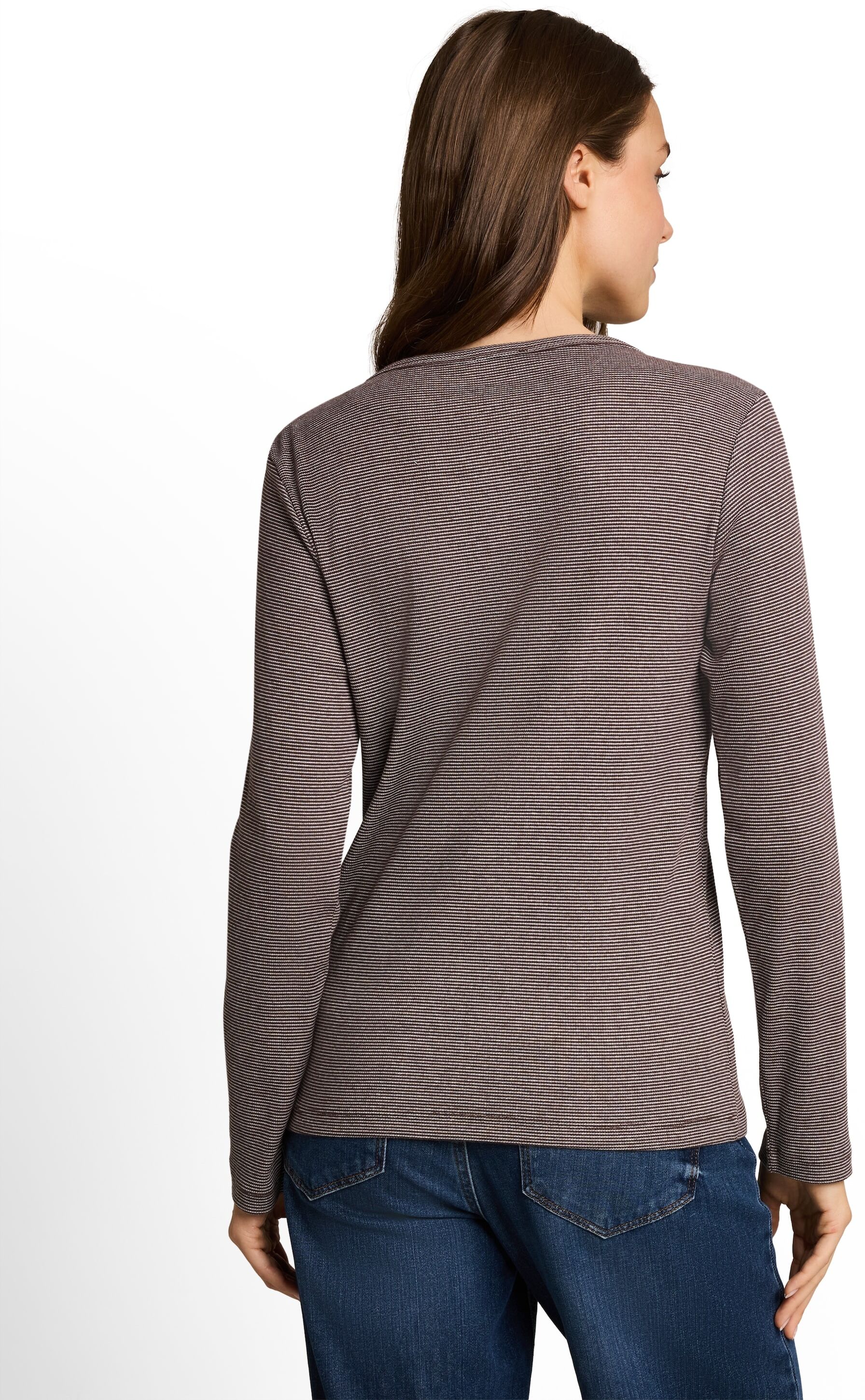 Langarmshirt TOM TAILOR, Damen, Gr. M, braun (java braun sanftes weiß stripe), Single Jersey, Obermaterial: 97% Baumwolle, 3% Elasthan, gestreift, normal hüftbedeckend, Rundhals, abgesteppte Kante, Shirts Langarmshirt, mit feinen Streifen und Rundhals jav