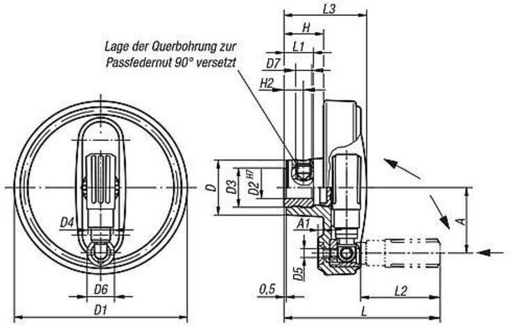 KIPP Handrad D1=80 Passbohrung mit Nut D2=8H7 Thermoplast komp. (K0259.10800802)