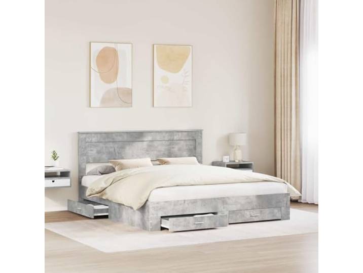 SKTQYQO Boxspringbett Zementgrau 200 x 200 cm Technisches Holz, Lattenrost, 2 Schubladen, Metallgriffe, moderner Stil