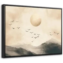 LEINWAND Bilder mit Rahmen - Landschaft - Japandi - Vogel - 40x30
